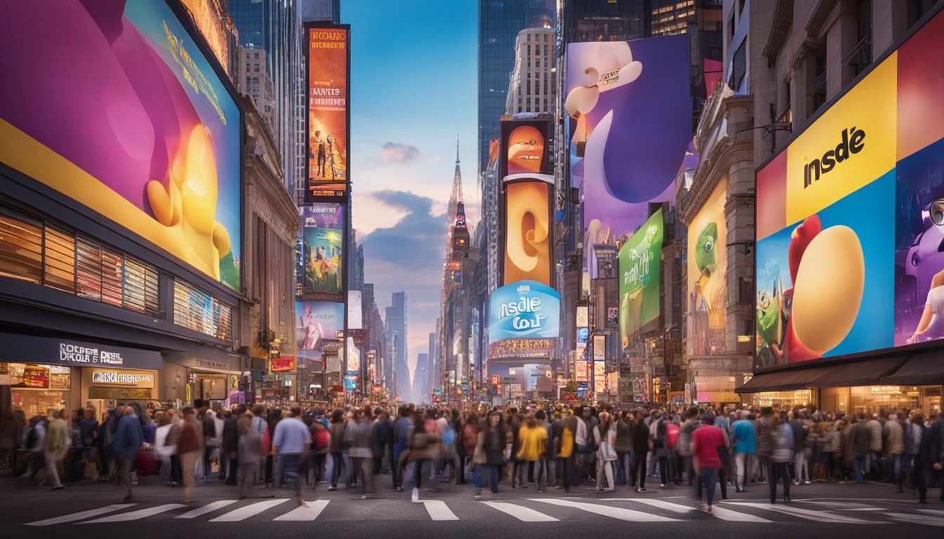 A colorful, bustling city street with a large movie poster for "Inside Out 2" displayed prominently, surrounded by excited crowds and flashing lights
