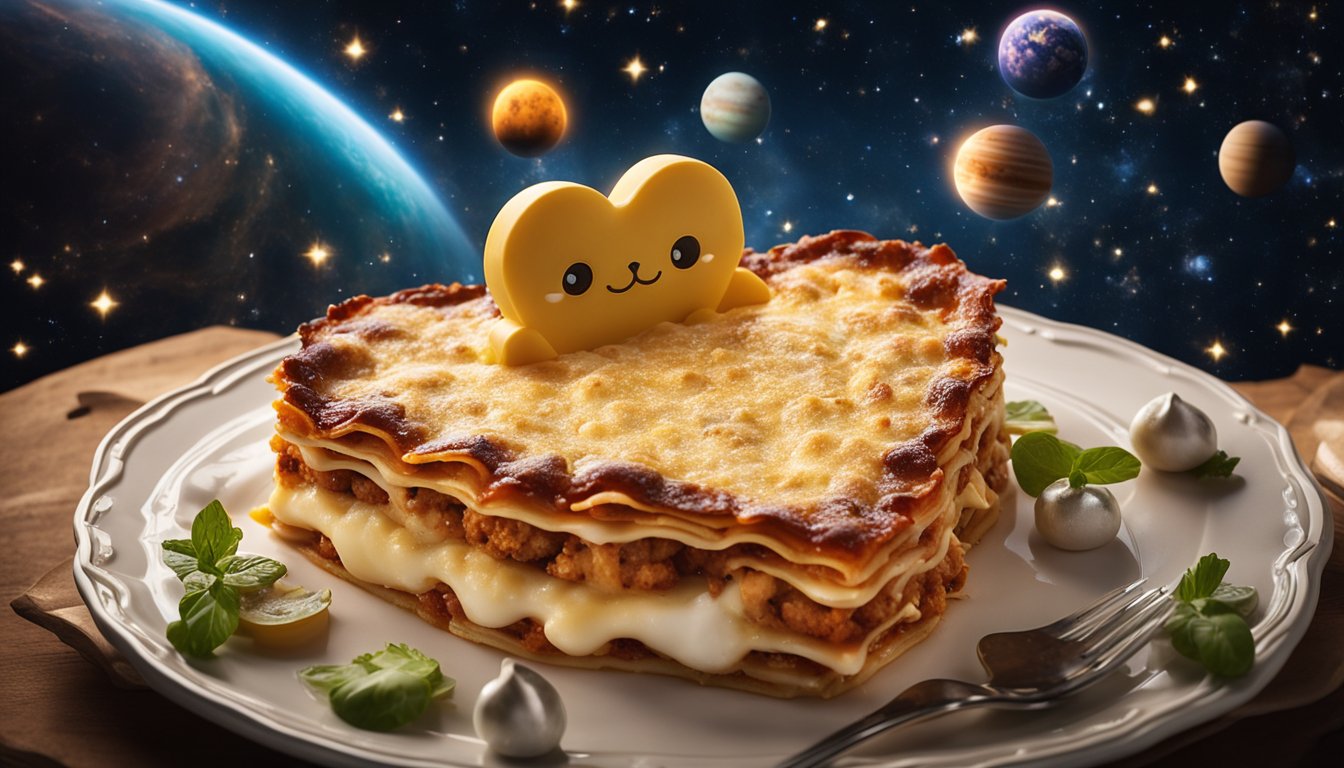 Garfield's heart-shaped lasagna floats in space, surrounded by twinkling stars and planets. A beam of light shines down on the dish, highlighting its deliciousness