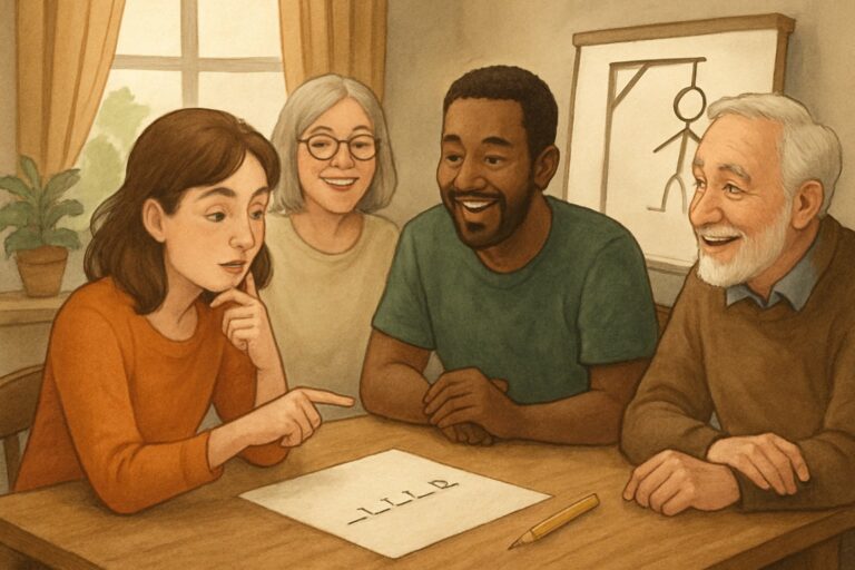 Persone che giocano a L'Impiccato attorno a un tavolo con un foglio e un disegno parziale dell'impiccato sullo sfondo.