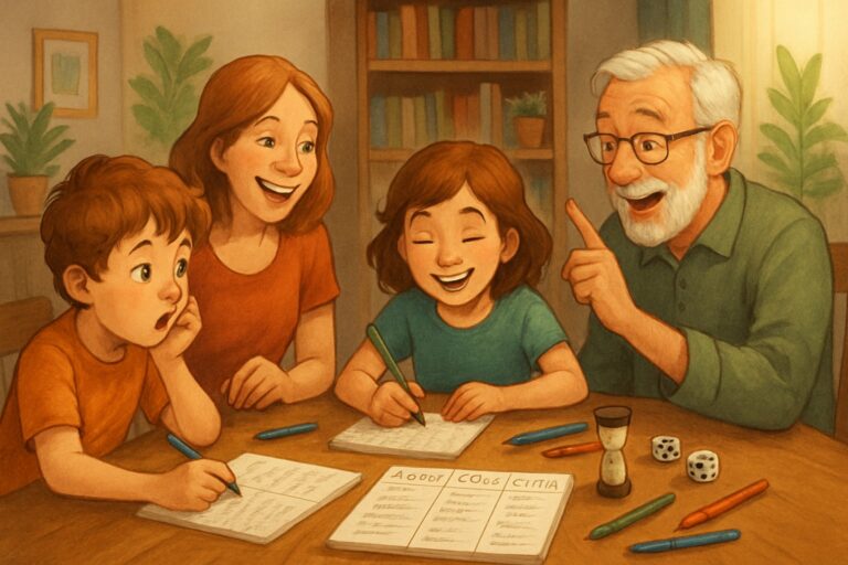 Persone sedute attorno a un tavolo che giocano insieme a un gioco da tavolo con carta e penne, in una stanza accogliente.