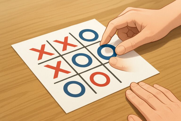 Un tavolo con una partita a Tris in corso, con segni X e O sul tabellone e due mani vicino al gioco.