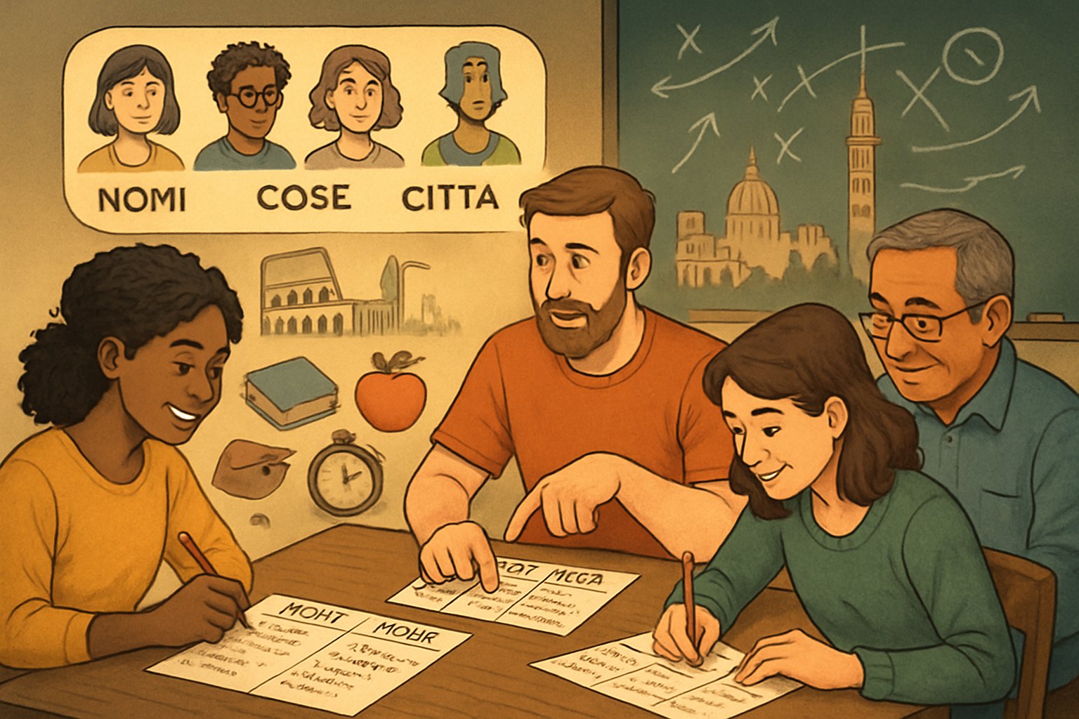 Persone sedute attorno a un tavolo che giocano a un gioco con categorie di nomi, oggetti e città, con elementi visivi che rappresentano queste categorie.