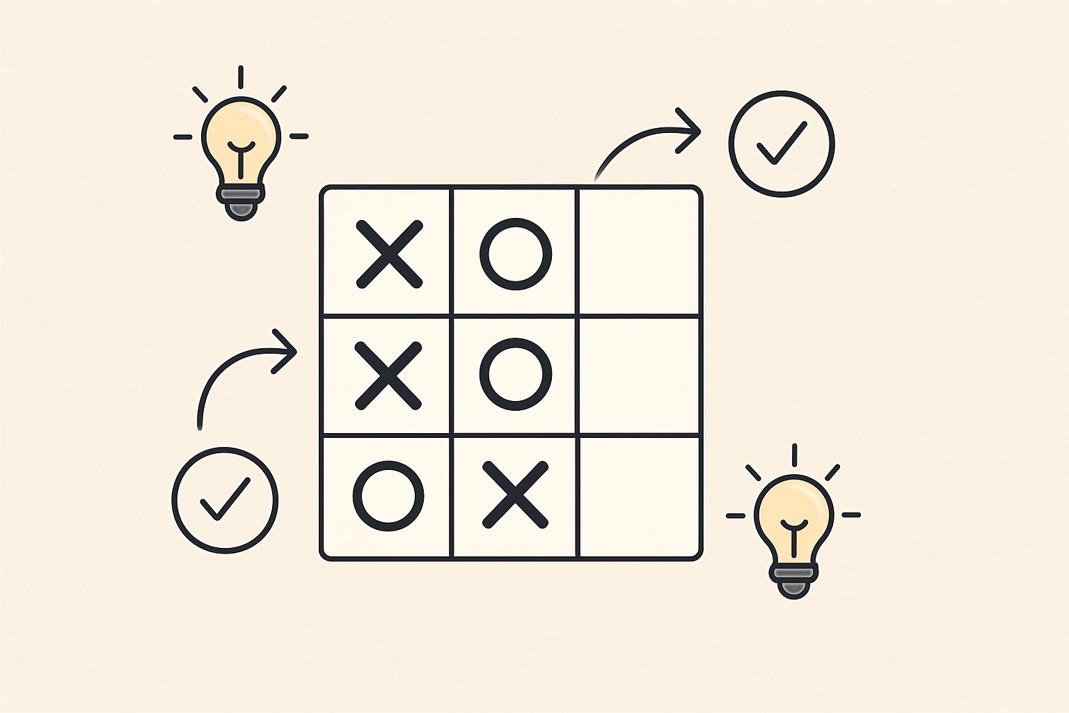 Una griglia di Tris con simboli X e O posizionati, che mostra una partita in corso con elementi visivi che indicano strategie e mosse possibili.