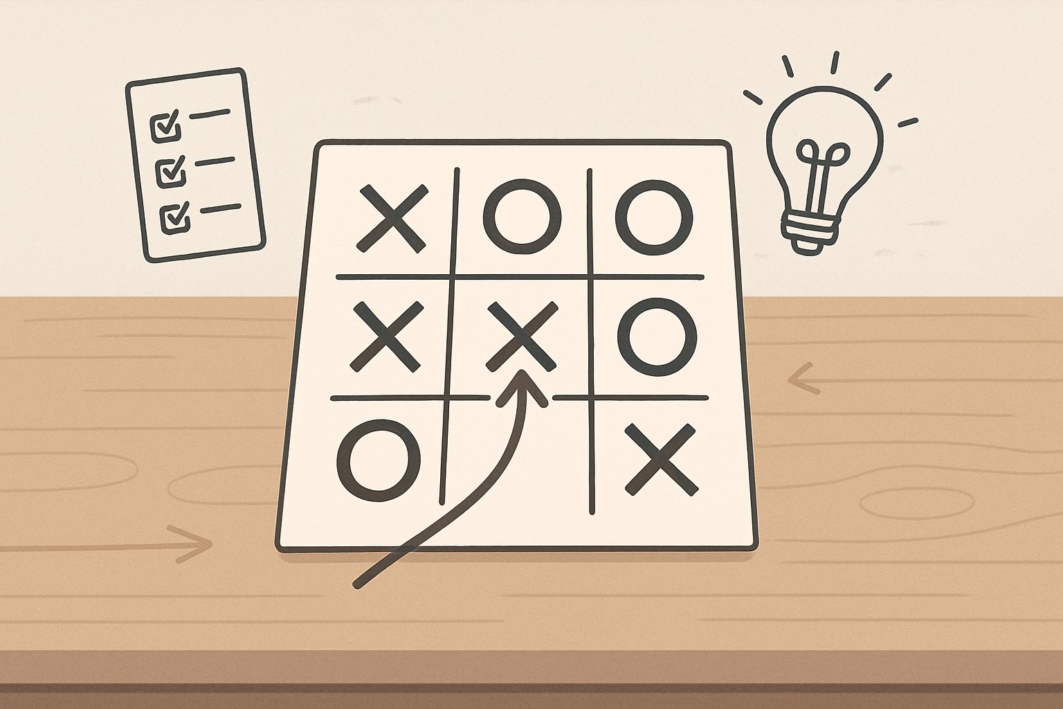 Un tavolo con una partita di tris in corso, con segni X e O sul tabellone e simboli che indicano strategie e consigli per vincere.