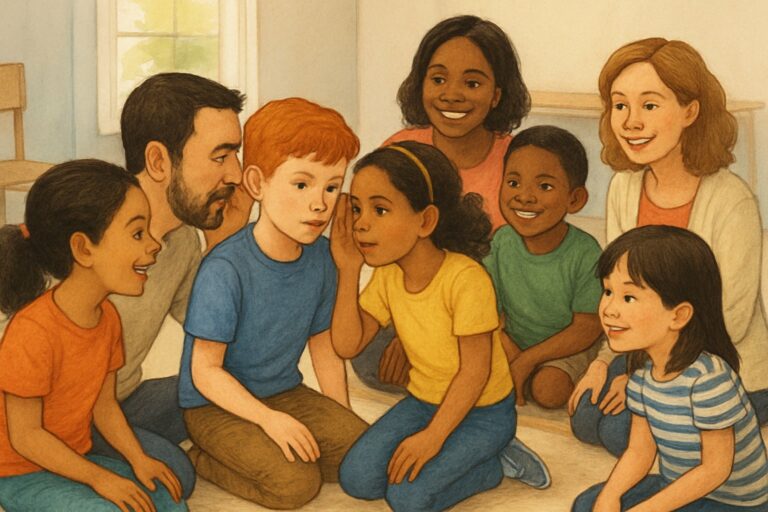 Un gruppo di persone sedute in cerchio che giocano a Telefono Senza Fili, una persona sussurra all'orecchio della successiva mentre gli altri ascoltano con attenzione.