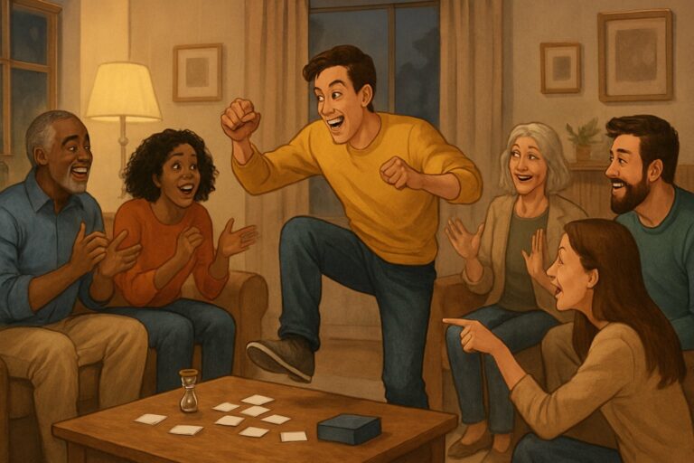 Persone che giocano a mimare in un salotto accogliente, con una persona che fa gesti mentre gli altri cercano di indovinare.