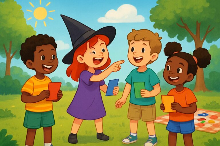 Quattro bambini che giocano insieme all'aperto, con carte colorate in mano, in un parco soleggiato.