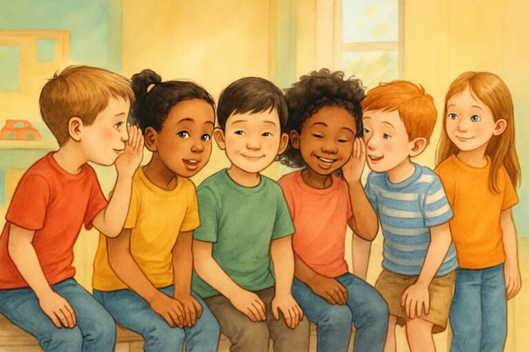 Un gruppo di bambini seduti in fila mentre si sussurrano un messaggio, giocando a Telefono Senza Fili in una stanza luminosa e accogliente.