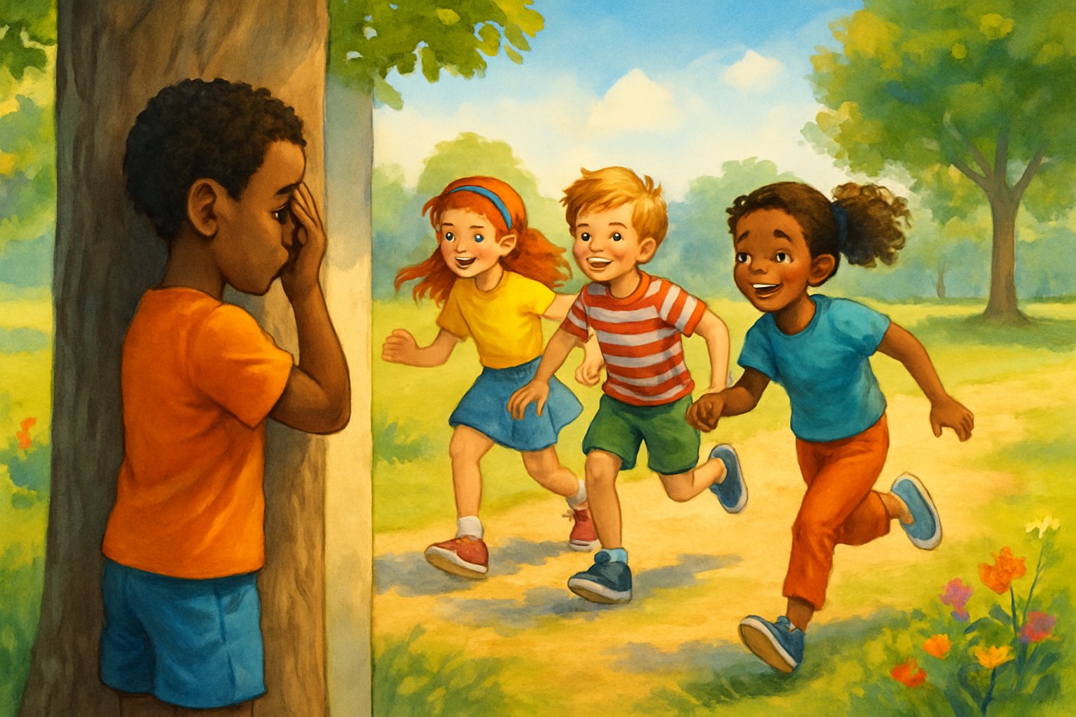 Bambini che giocano a Un, Due, Tre, Stella in un parco all'aperto durante una giornata soleggiata.