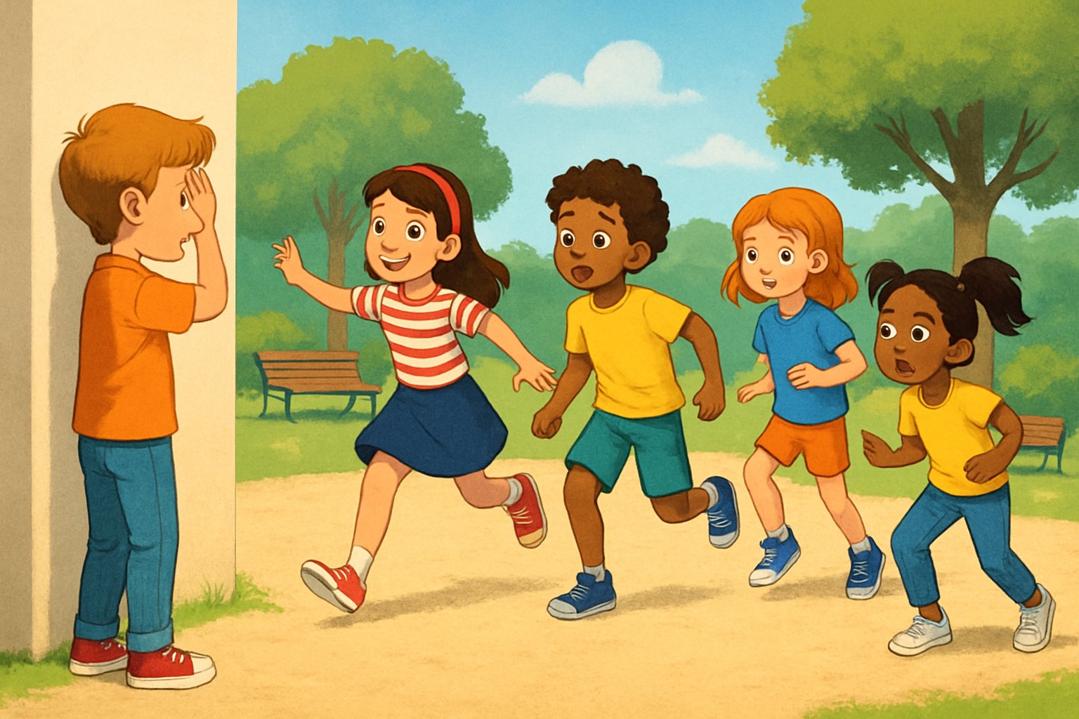 Bambini che giocano a Un, Due, Tre, Stella in un parco all'aperto, con un bambino che conta rivolto verso un muro e gli altri immobili in varie pose di gioco.