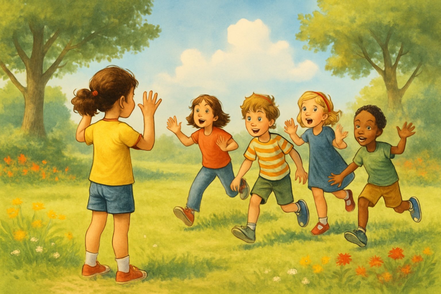 Bambini che giocano a Un, Due, Tre, Stella in un parco soleggiato, con un bambino che conta e gli altri immobili a distanza.