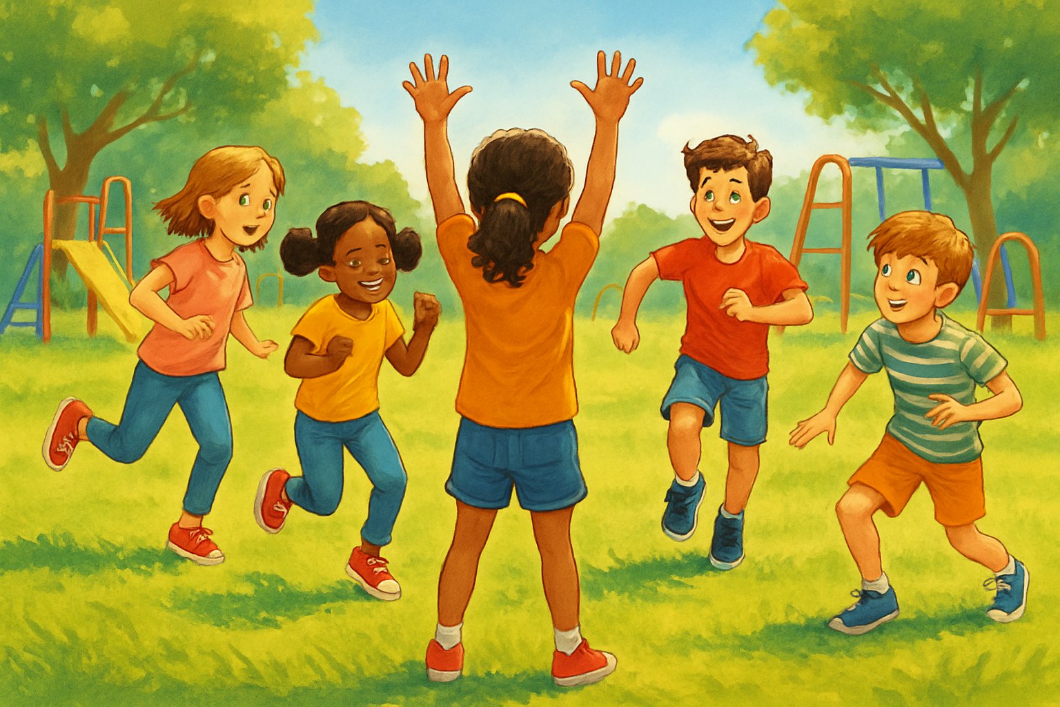 Bambini che giocano a Un, Due, Tre, Stella in un parco all'aperto, alcuni immobili mentre uno è girato con le braccia alzate.