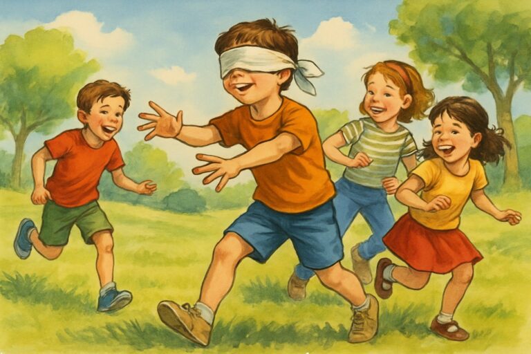 Bambini che giocano a Mosca Cieca in un parco soleggiato, con un bambino bendato che cerca di toccare gli altri mentre gli amici si muovono intorno ridendo.