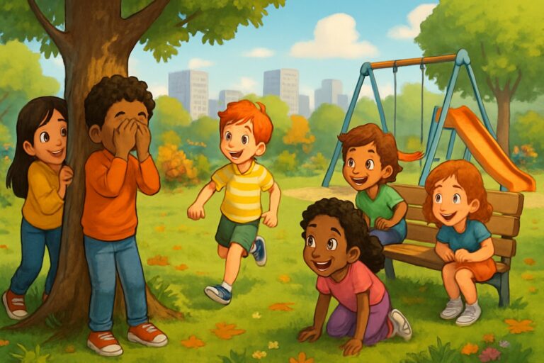 Bambini che giocano a nascondino in un parco urbano, alcuni si nascondono dietro alberi e panchine, mentre uno conta con gli occhi chiusi vicino a un albero.