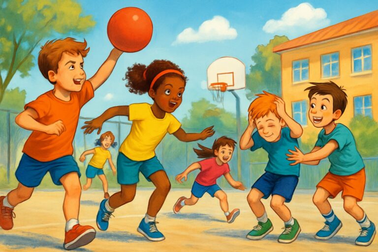 Bambini che giocano a palla avvelenata in un cortile scolastico all'aperto, alcuni lanciano una palla rossa mentre altri schivano o cercano di prenderla.