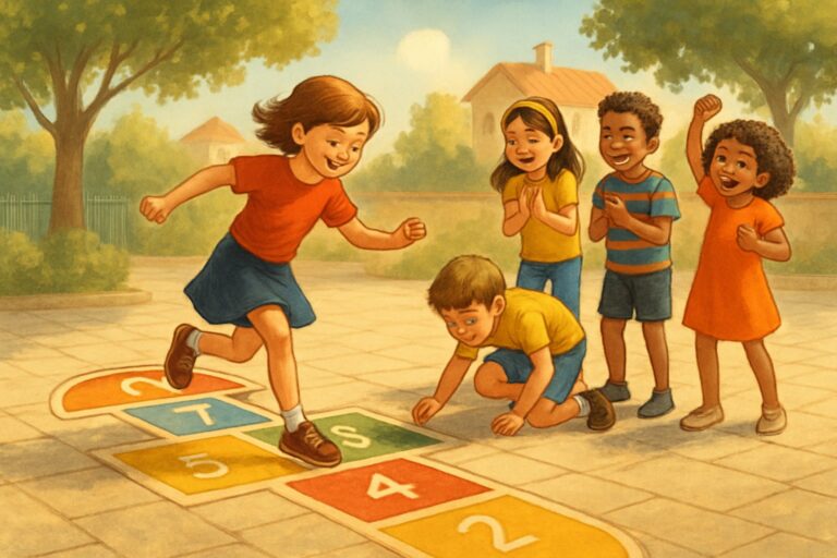 Bambini che giocano a Campana all'aperto in un cortile soleggiato con un disegno colorato a terra e case sullo sfondo.