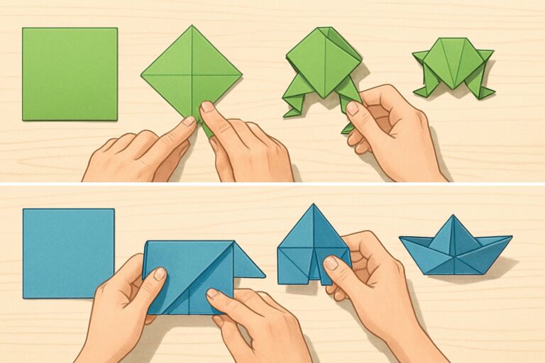 Mani che piegano fogli di carta per creare origami semplici di rane e barchette su un tavolo chiaro.