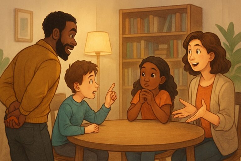 Un gruppo di persone sedute attorno a un tavolo che giocano a un gioco di indovinelli, con uno che nasconde un oggetto e gli altri che fanno domande.