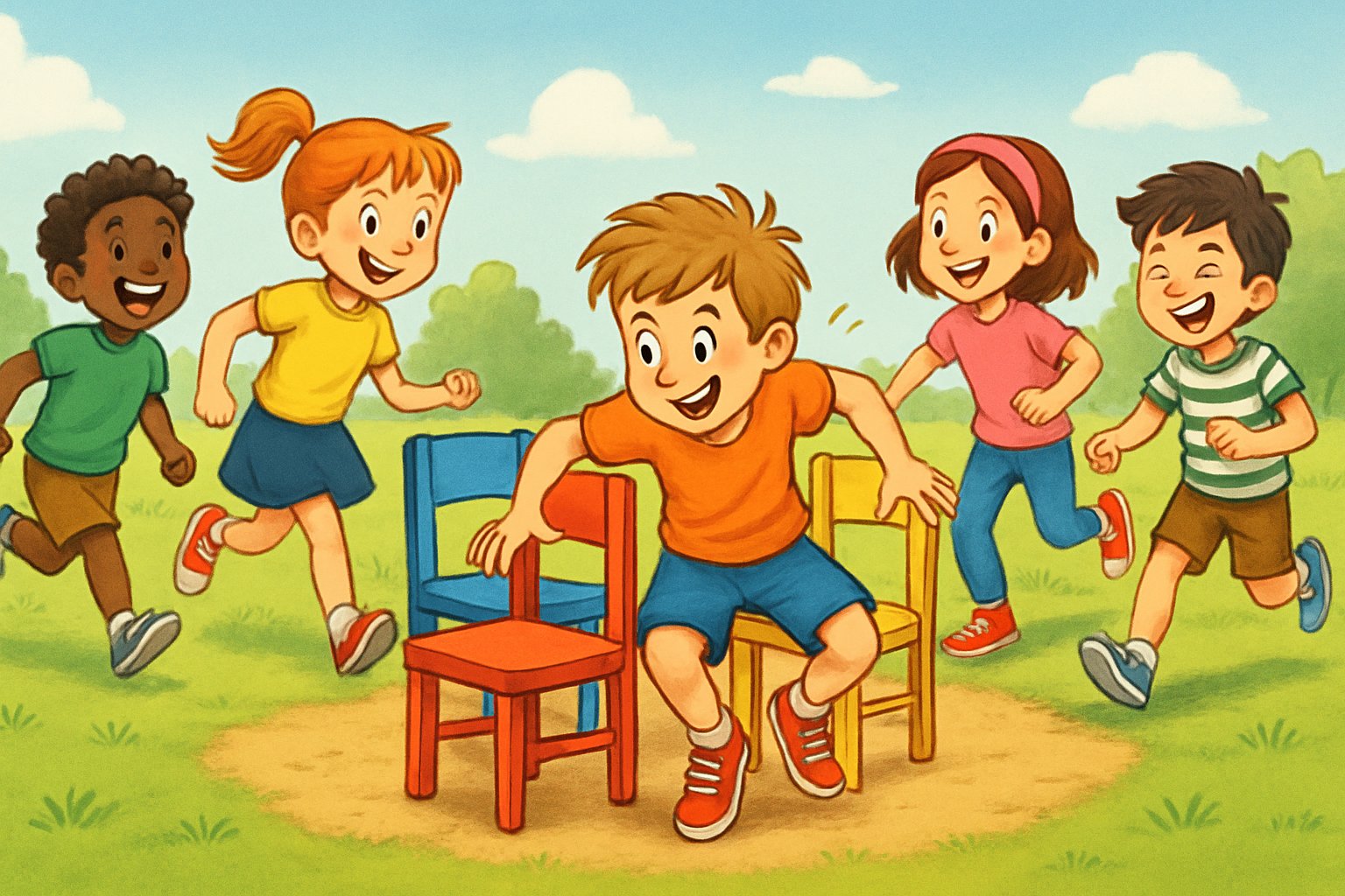 Bambini che giocano a La Sedia che Scotta all'aperto, correndo intorno a sedie disposte in cerchio su un prato, con espressioni di entusiasmo e competizione amichevole.