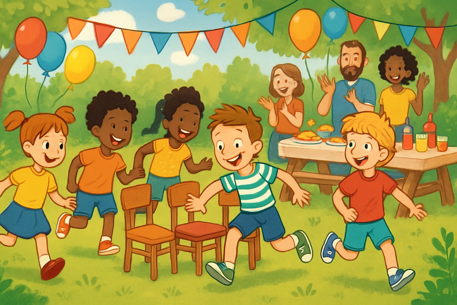 Bambini che giocano a La Sedia che Scotta in un giardino decorato per una festa, con adulti che li osservano e tavoli con cibo sullo sfondo.
