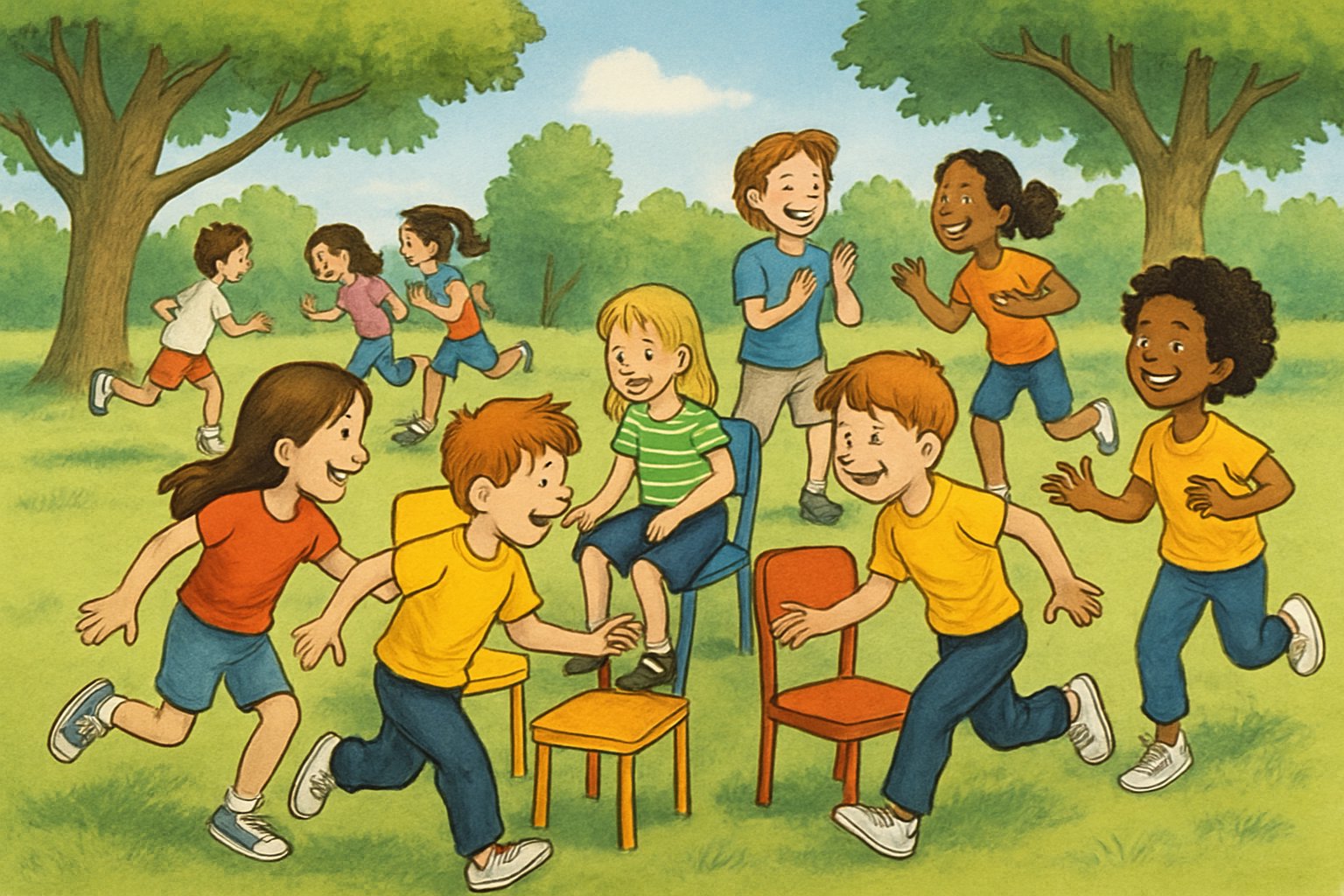 Bambini che giocano all'aperto a giochi tradizionali con sedie e corse in un parco soleggiato.