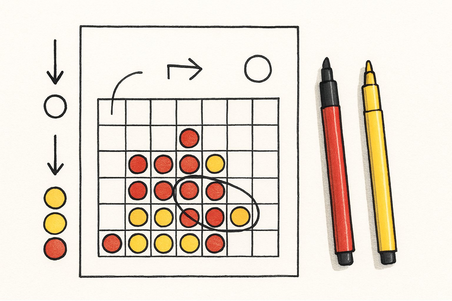Illustrazione di un gioco di Forza Quattro disegnato su carta con penna, mostrando una griglia con cerchi rossi e gialli e due penne colorate accanto.