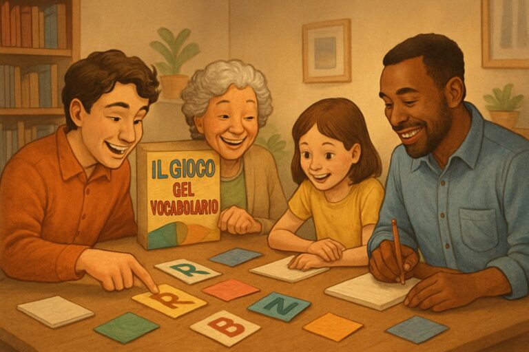 Persone sedute attorno a un tavolo che giocano insieme a un gioco di parole con lettere, in un ambiente domestico accogliente.