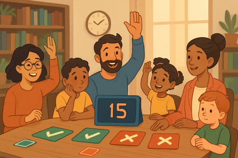 Persone sedute intorno a un tavolo che partecipano a un gioco di domande vero o falso, con carte colorate e un tabellone digitale in una stanza accogliente.