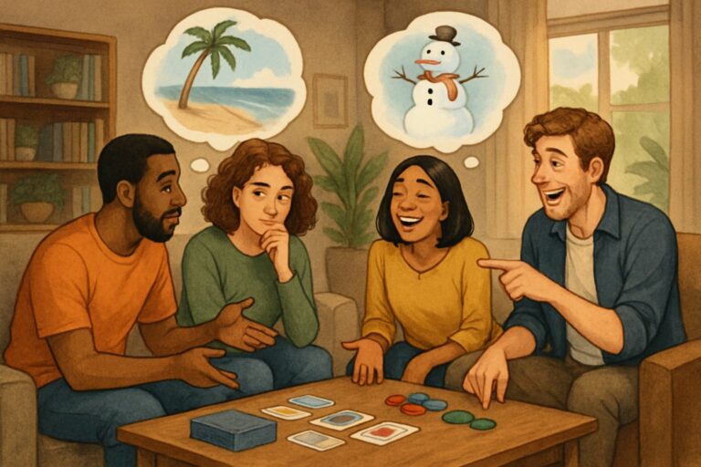 Un gruppo di amici seduti attorno a un tavolo che giocano e discutono animatamente, scegliendo tra due opzioni in un ambiente accogliente e luminoso.