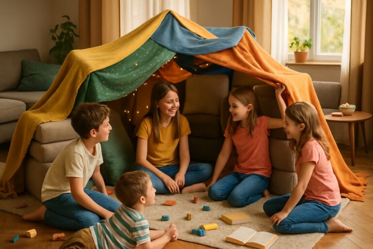 Bambini che costruiscono un forte con coperte e cuscini in un soggiorno accogliente.