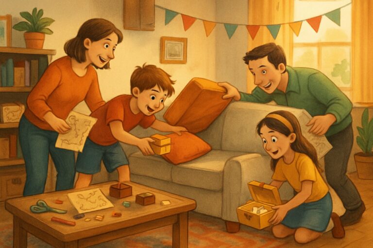 Una famiglia che gioca a una caccia al tesoro fatta in casa, cercando indizi e piccoli tesori in una stanza accogliente.
