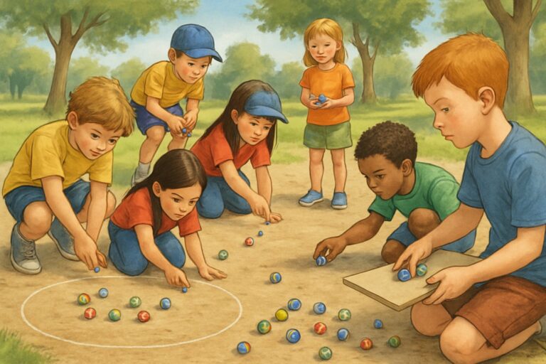 Bambini che giocano a diverse varianti del gioco delle biglie all'aperto in un parco soleggiato.