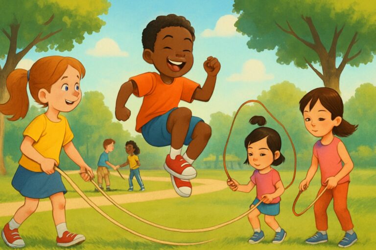 Bambini che giocano a saltare la corda all'aperto, alcuni saltano insieme mentre altri saltano da soli, in un ambiente soleggiato con alberi e prato verde.