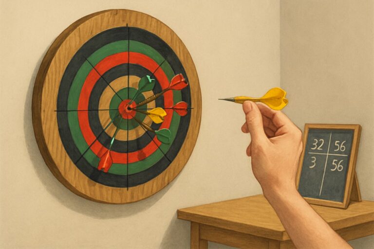 Un bersaglio fatto in casa per freccette montato su una parete, con alcune freccette conficcate e una mano che tiene una freccetta pronta a lanciarla.