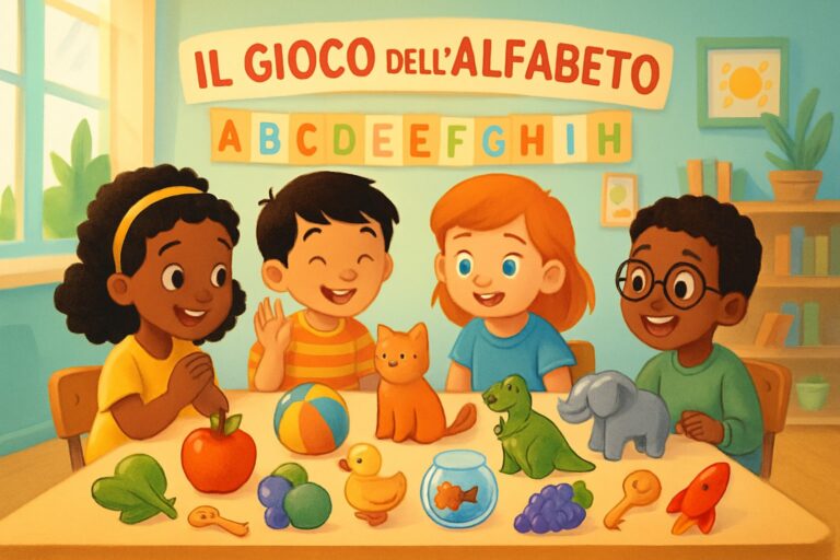 Bambini seduti attorno a un tavolo con vari oggetti colorati che rappresentano lettere dell'alfabeto in una stanza luminosa e accogliente.