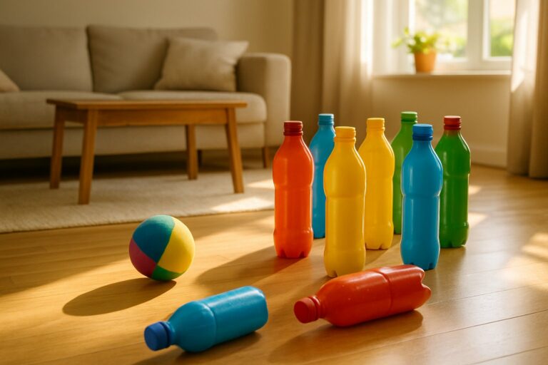 Una scena domestica con bottiglie colorate disposte come birilli e una palla che rotola verso di esse su un pavimento di legno in un soggiorno accogliente.