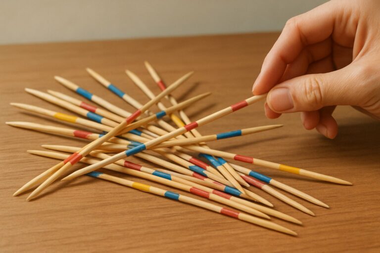 Una mano che raccoglie con attenzione un bastoncino colorato da un mucchio di bastoncini disposti su un tavolo.
