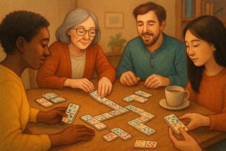 Persone che giocano a domino con tessere fatte in casa o disegnate su un tavolo in una stanza accogliente.