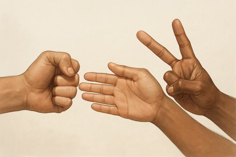 Due mani che mostrano i gesti di Morra Cinese, una con il pugno chiuso e l'altra con le dita a forbice.