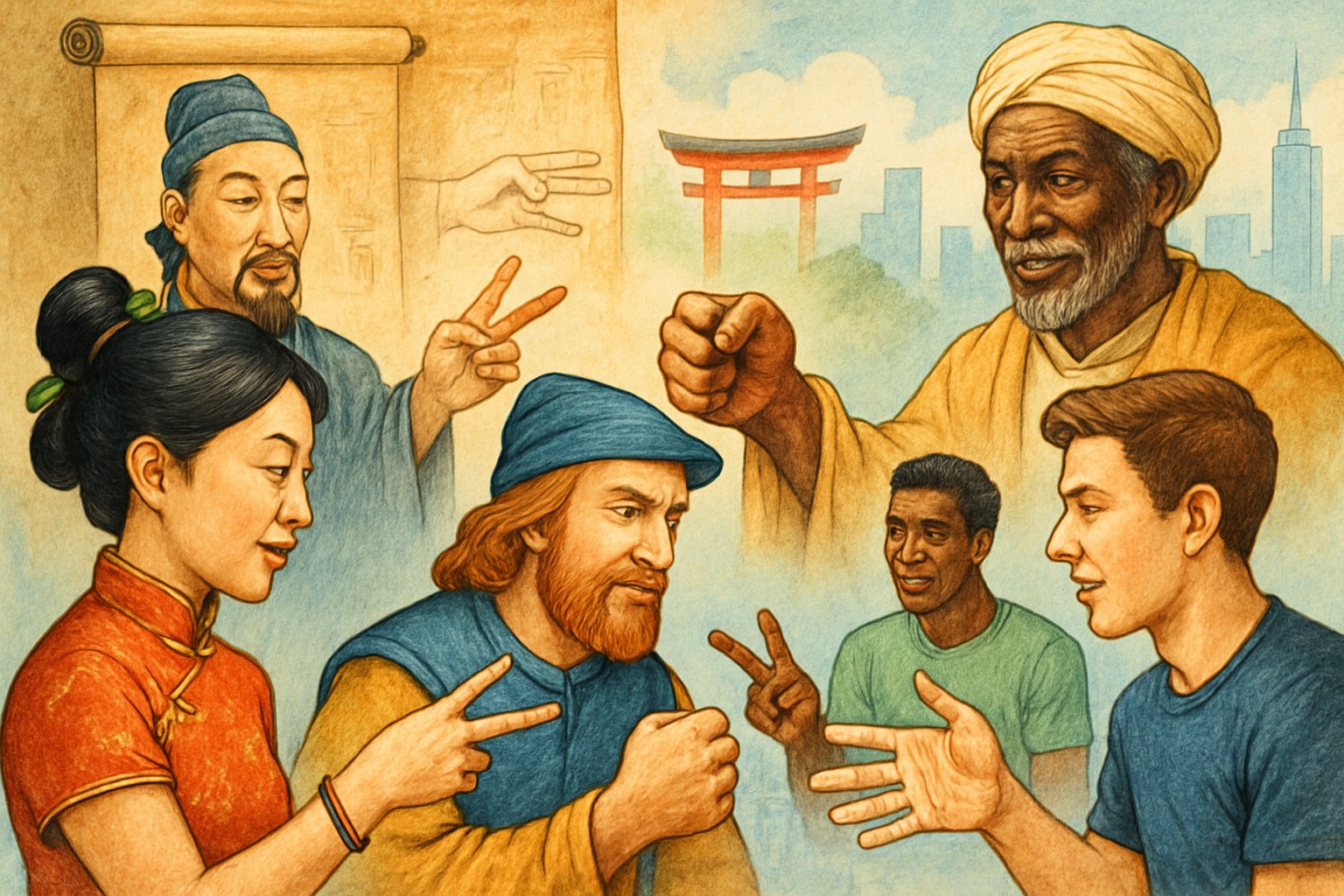 Persone di diverse culture che giocano a Morra Cinese con le mani, circondate da simboli culturali e ambienti storici e moderni.