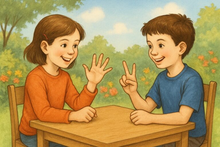Due bambini seduti a un tavolo all'aperto che mostrano le dita delle mani per giocare a Pari o Dispari.
