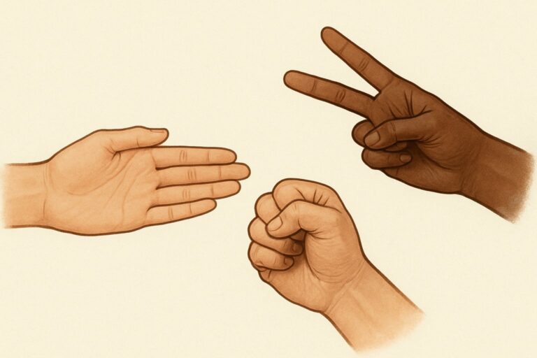 Tre mani che mostrano i gesti di carta, forbice e sasso in una composizione equilibrata.