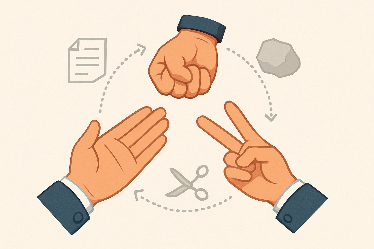 Tre mani che mostrano i gesti di carta, forbice e sasso disposte in cerchio per rappresentare il gioco.