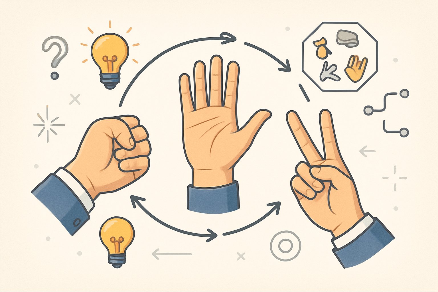 Tre mani che mostrano le posizioni di carta, forbice e sasso con icone e frecce che indicano strategie e varianti del gioco.