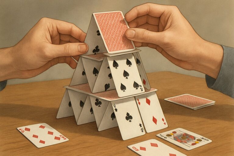 Due mani che costruiscono un castello di carte su un tavolo con carte sparse intorno.