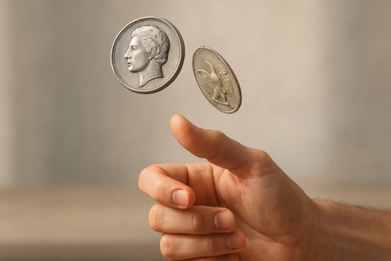 Una mano che lancia una moneta in aria con le due facce della moneta visibili.