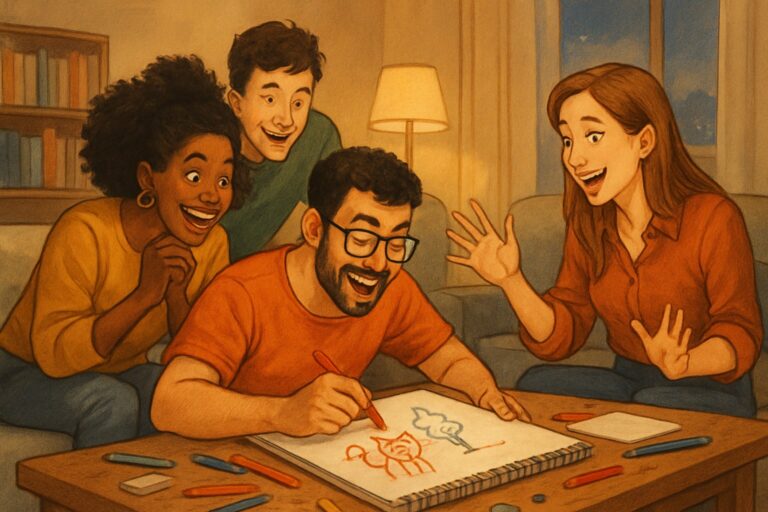 Un gruppo di amici che giocano a Indovina il Disegno, uno disegna mentre gli altri osservano e indovinano attorno a un tavolo in una stanza accogliente.