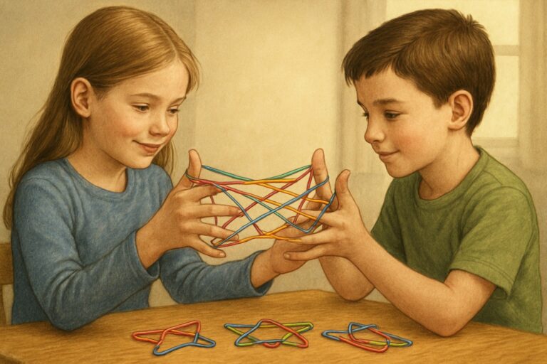 Due bambini seduti uno di fronte all'altro che giocano con un elastico formando figure con le mani.