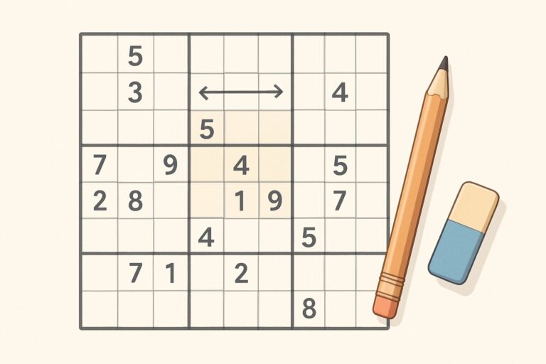 Griglia di Sudoku parzialmente completata con numeri e strumenti per giocare, come una matita e una gomma, che mostrano le basi del gioco.