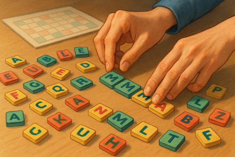 Mani che spostano tessere con lettere su un tavolo, rappresentando il gioco degli anagrammi.